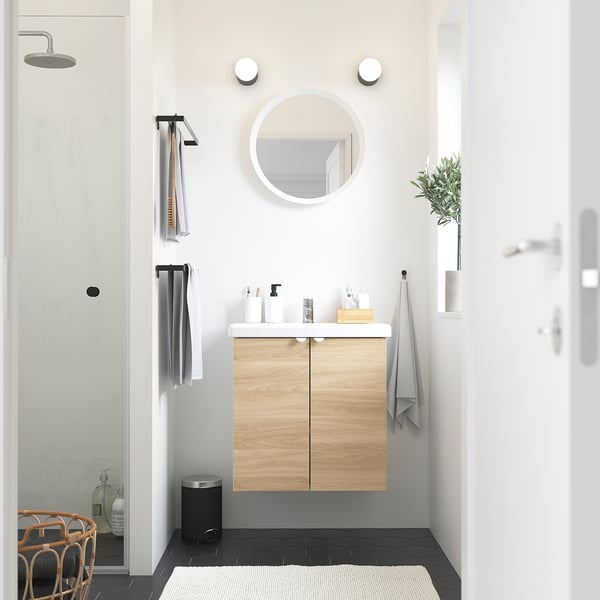 ENHET / TVÄLLEN - Washbasin/blender unit, white / oak effect,64x43x65 cm