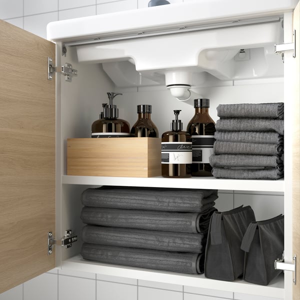 ENHET / TVÄLLEN wash-stnd w doors/wash-basin/tap, white/oak effect, 64x33x65 cm