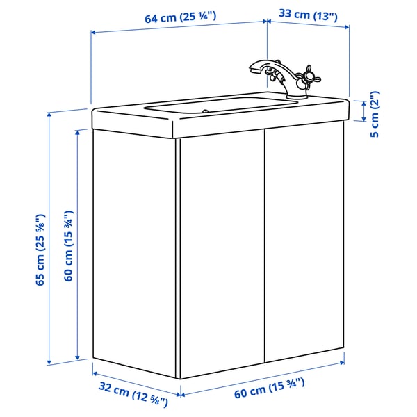 ENHET / TVÄLLEN wash-stnd w doors/wash-basin/tap, white, 64x33x65 cm
