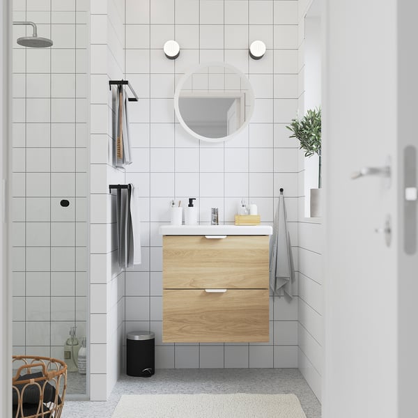 ENHET / TVÄLLEN - Washbasin/drawer/misc cabinet, white/ oak effect,64x43x65 cm