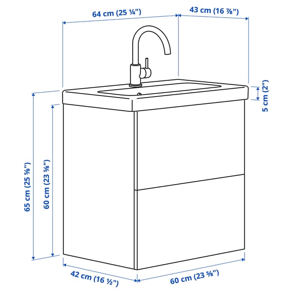 ENHET / TVÄLLEN wash-stnd w drawers/wash-basin/tap, white, 64x43x65 cm