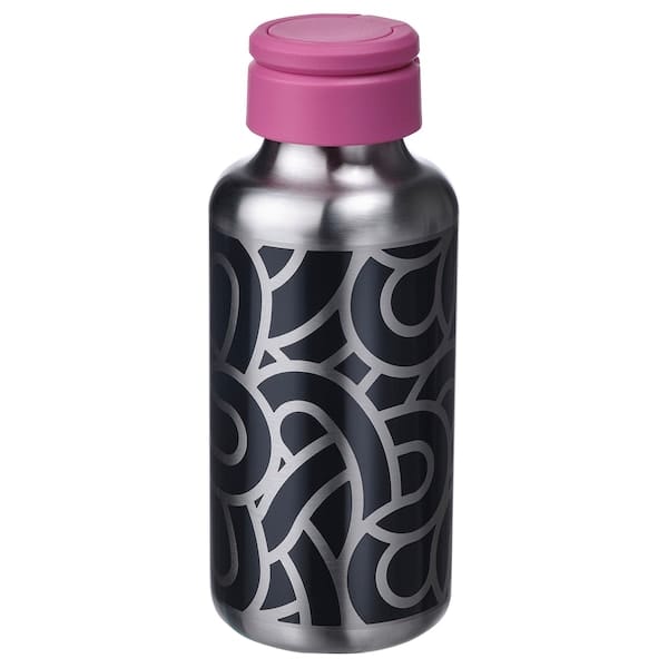 Ikea ENKELSPÅRIG - Water bottle, stainless steel patterned/black pink, 0.5 l