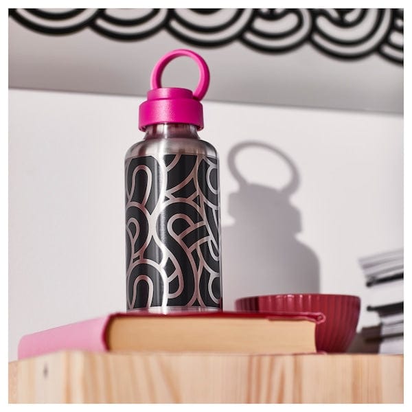 Ikea ENKELSPÅRIG - Water bottle, stainless steel patterned/black pink, 0.5 l