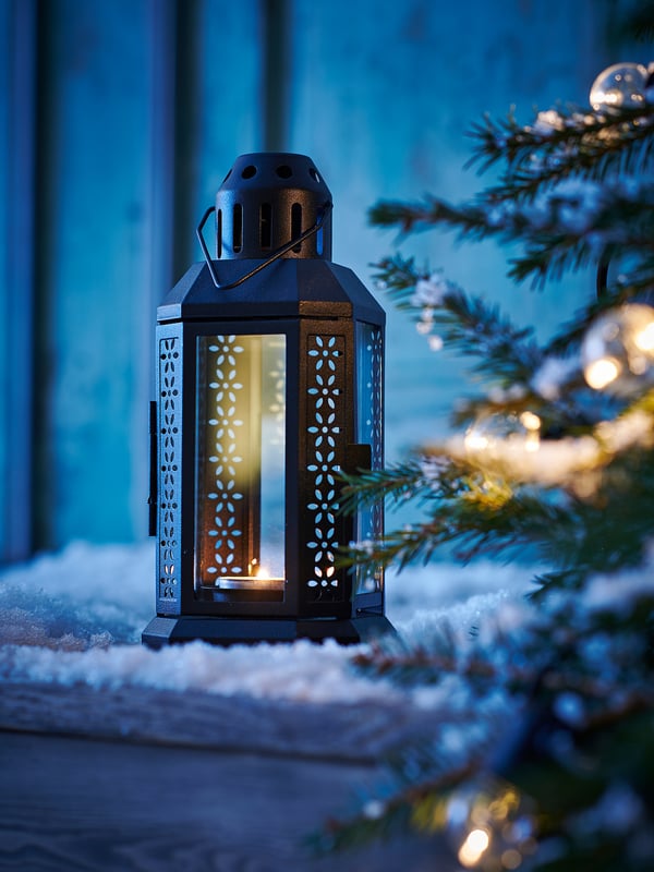 ENRUM lantern for tealight, in/outdoor, black, 22 cm