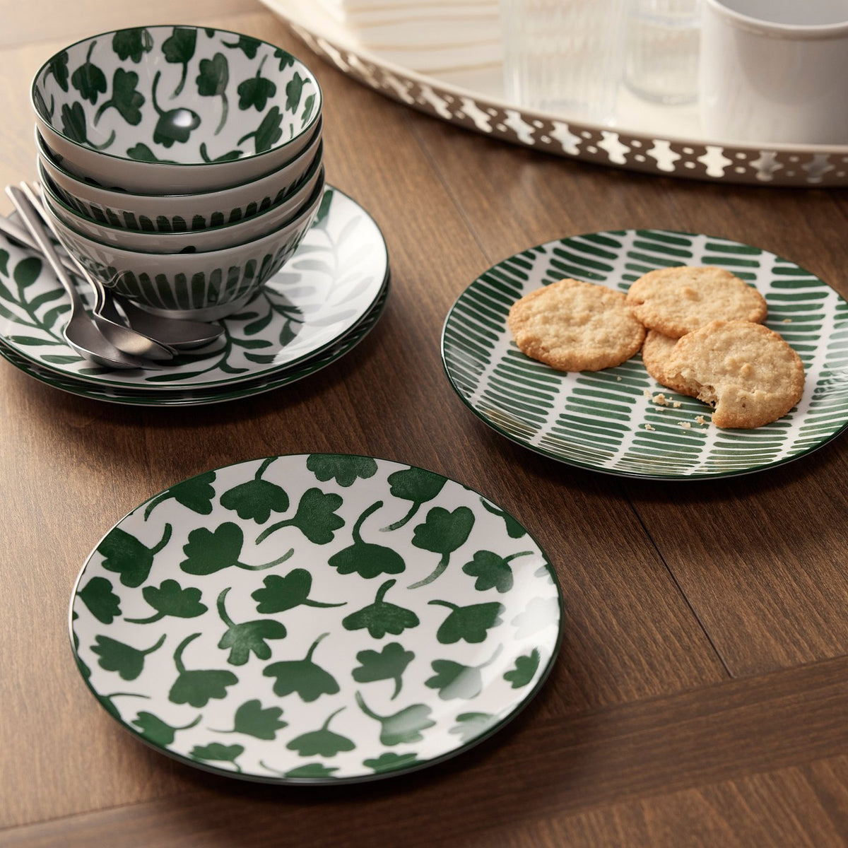 ENTUSIASM side plate, patterned/green, 18 cm, 4 pack