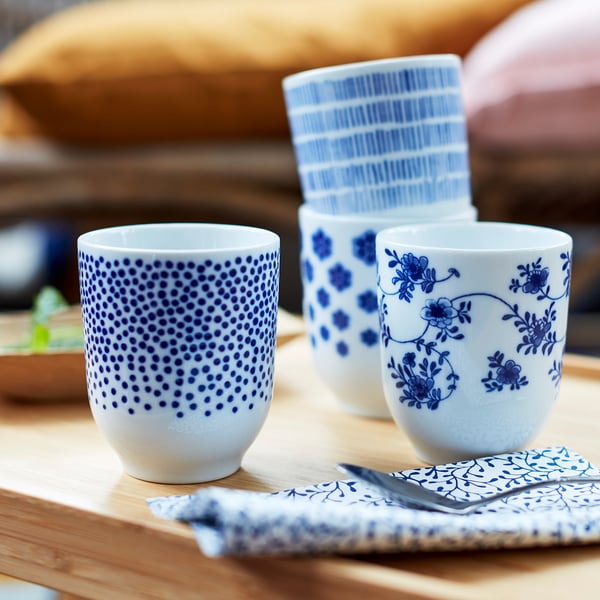 ENTUSIASM mug, patterned/blue, 22 cl, 4 pack