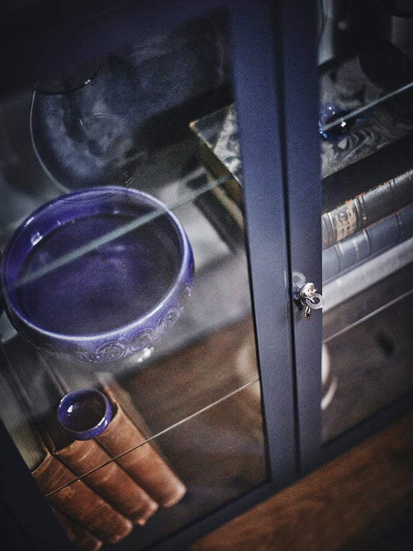 FABRIKÖR glass-door cabinet, black-blue, 81x113 cm