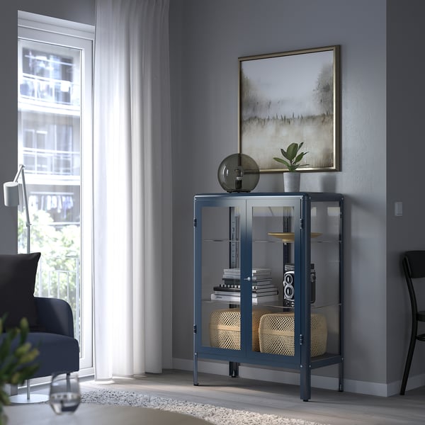 FABRIKÖR glass-door cabinet, black-blue, 81x113 cm