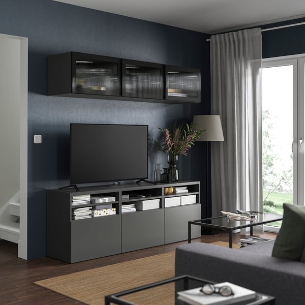 FÄLLSVIK glass door, anthracite/reeded glass, 60x38 cm