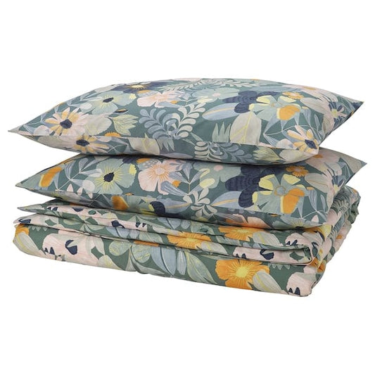 Ikea FÄLTGRÄSMOTT - Duvet cover and 2 pillowcases, fantasy/floral pattern,240x220/50x80 cm