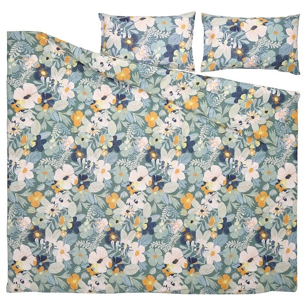 Ikea FÄLTGRÄSMOTT - Duvet cover and 2 pillowcases, fantasy/floral pattern,240x220/50x80 cm