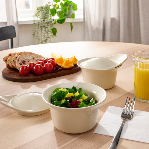 FÄRGKLAR oven/serving dish with lid, glossy beige, 13 cm, 2 pack