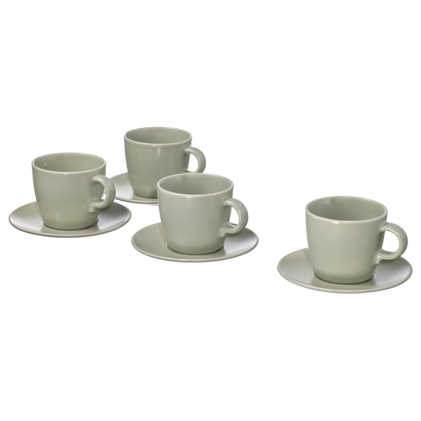 FÄRGKLAR cup with saucer, matt green, 25 cl, 4 pack