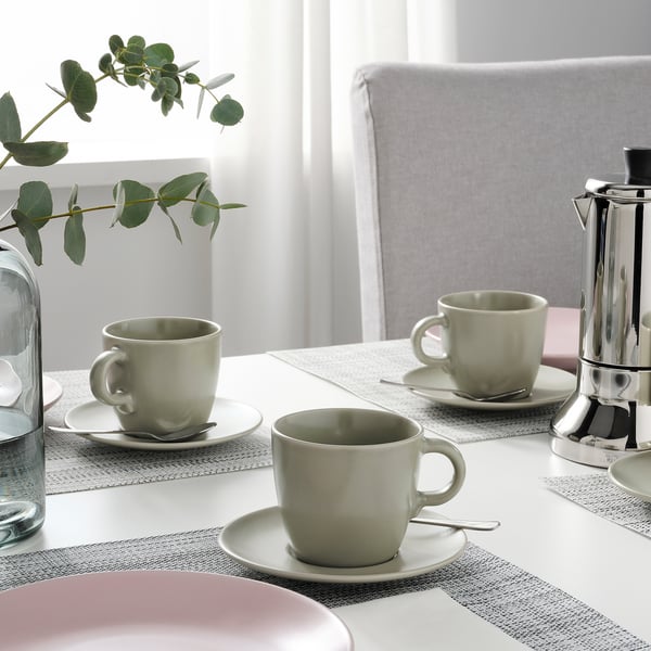 FÄRGKLAR cup with saucer, matt green, 25 cl, 4 pack