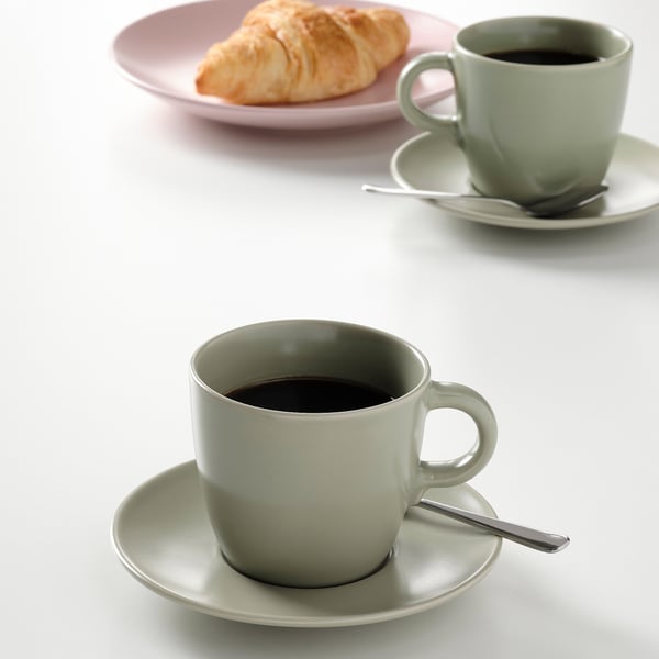 FÄRGKLAR cup with saucer, matt green, 25 cl, 4 pack
