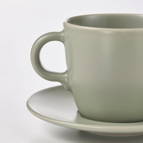FÄRGKLAR cup with saucer, matt green, 25 cl, 4 pack
