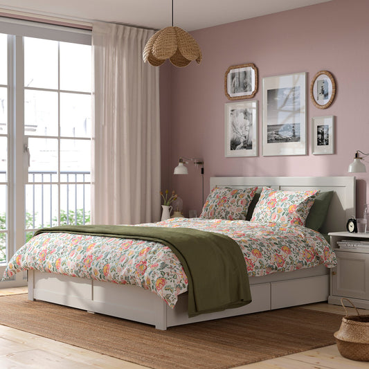 FÅGELFJÄLLET bed frame with 4 storage boxes, off-white/Lillhällan, 160x200 cm