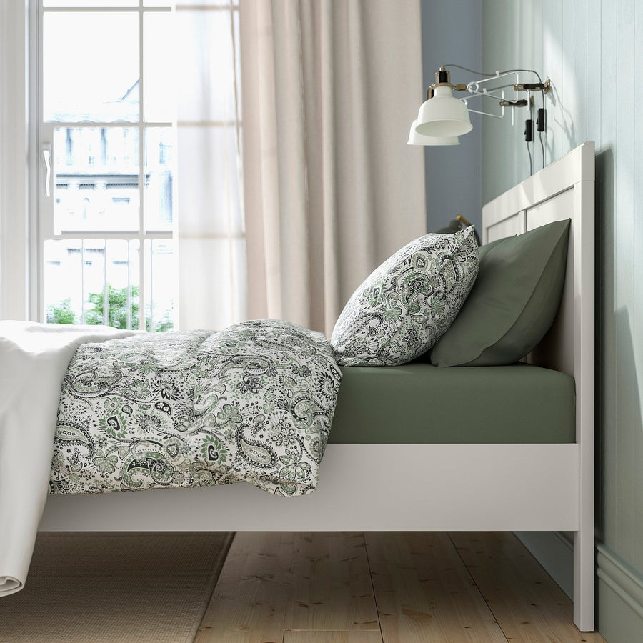 FÅGELFJÄLLET bed frame, off-white/Lindbåden, 140x200 cm