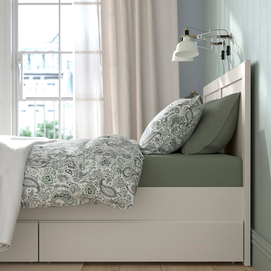 FÅGELFJÄLLET bed frame with 2 storage boxes, off-white/Lindbåden, 160x200 cm