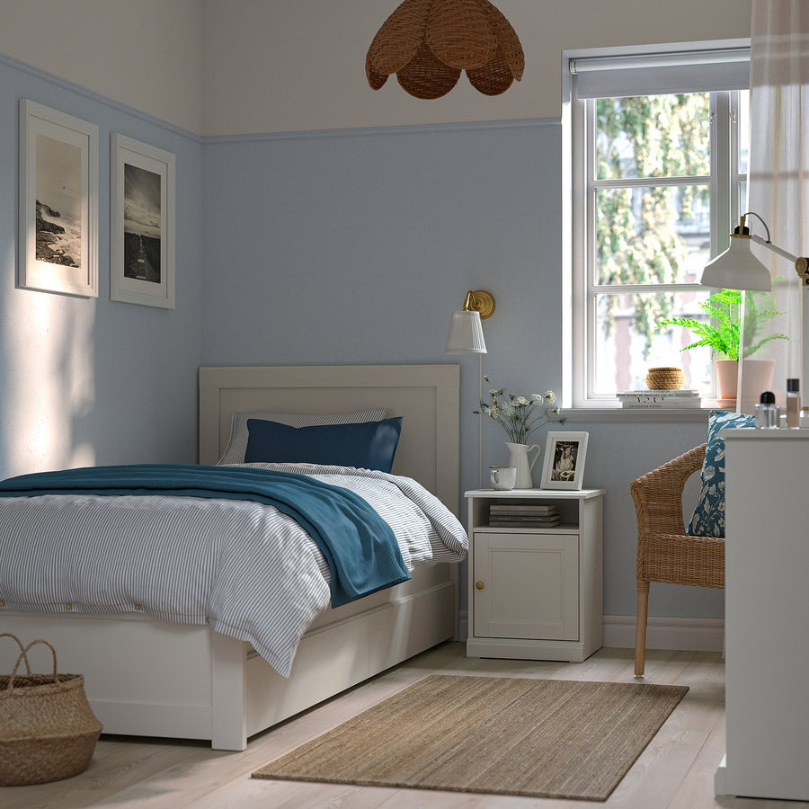 FÅGELFJÄLLET bed frame with 2 storage boxes, off-white/Lindbåden, 90x200 cm