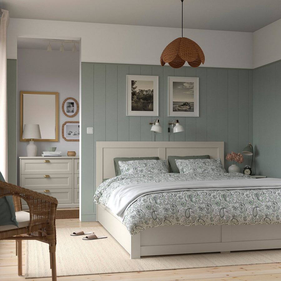 FÅGELFJÄLLET bed frame with 2 storage boxes, off-white/Lönset, 140x200 cm