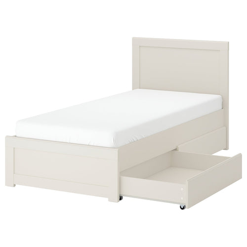 FÅGELFJÄLLET bed frame with 2 storage boxes, off-white/Luröy, 90x200 cm