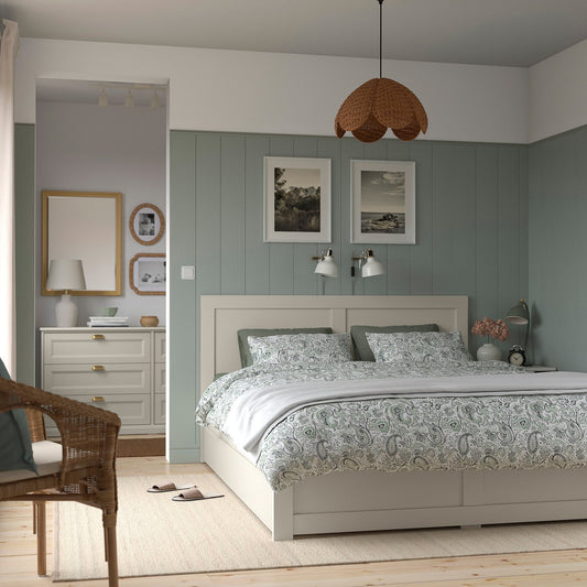 FÅGELFJÄLLET bed frame with 2 storage boxes, off-white/Luröy, 140x200 cm