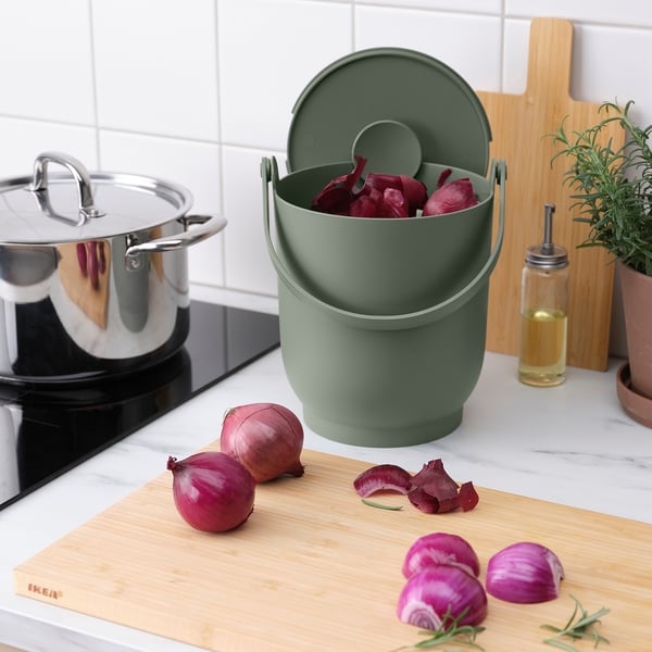 FARMARKVAST bin with lid for organic waste, grey-green, 4 l