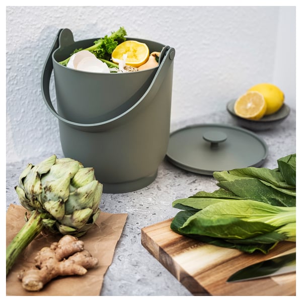 FARMARKVAST bin with lid for organic waste, grey-green, 4 l