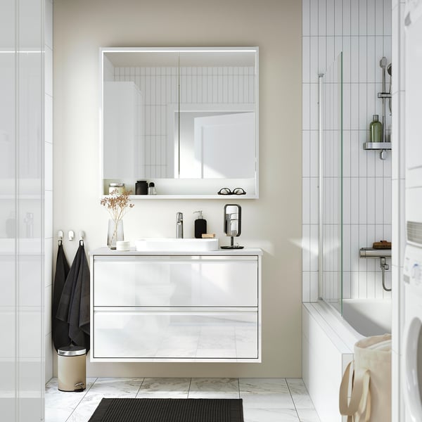 FAXÄLVEN - Mirror cabinet w built-in lighting, white, 100x15x95 cm