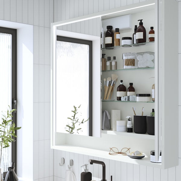 FAXÄLVEN - Mirror cabinet w built-in lighting, white, 100x15x95 cm