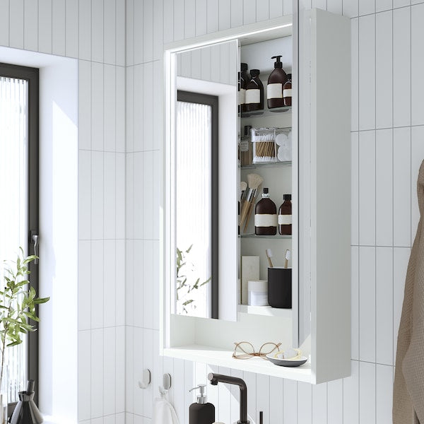 FAXÄLVEN - Mirror cabinet w built-in lighting, white, 60x15x95 cm