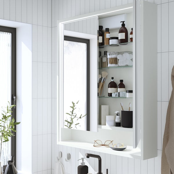 FAXÄLVEN - Mirror cabinet w built-in lighting, white, 80x15x95 cm