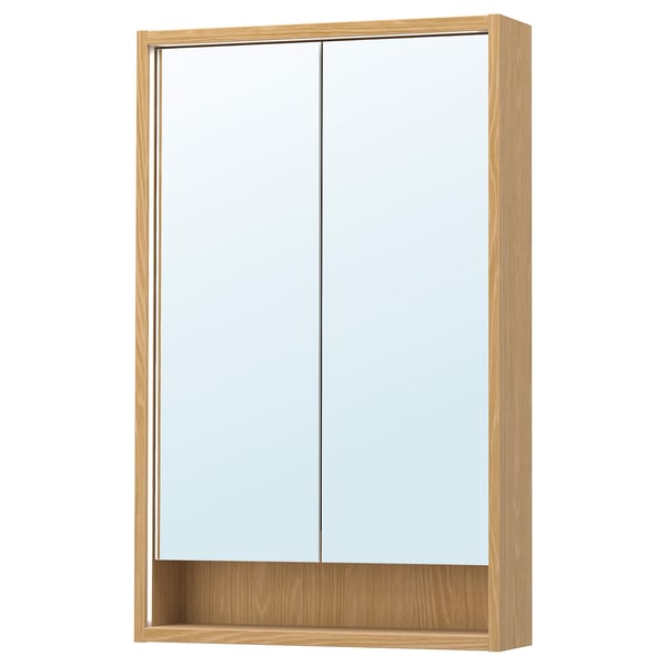 FAXÄLVEN mirror cabinet w built-in lighting, oak effect, 60x15x95 cm