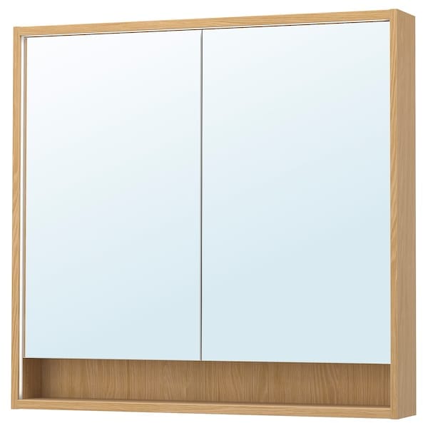 Ikea FAXÄLVEN - Mirror cabinet/integrated lighting, oak effect, 100x15x95 cm