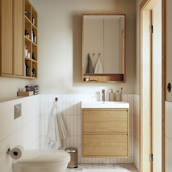 FAXÄLVEN - Mirror cabinet w built-in lighting, oak effect, 60x15x95 cm with wireless