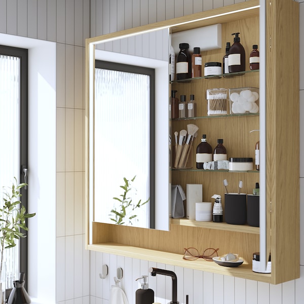 FAXÄLVEN - Mirror cabinet w built-in lighting, oak effect, 100x15x95 cm