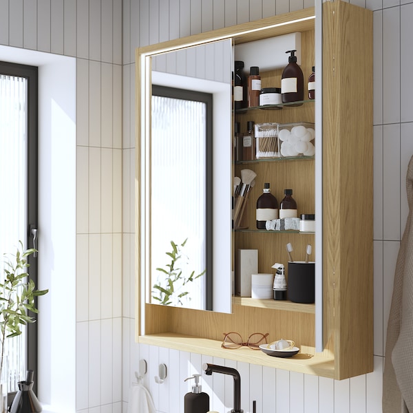 FAXÄLVEN - Mirror cabinet w built-in lighting, oak effect, 80x15x95 cm