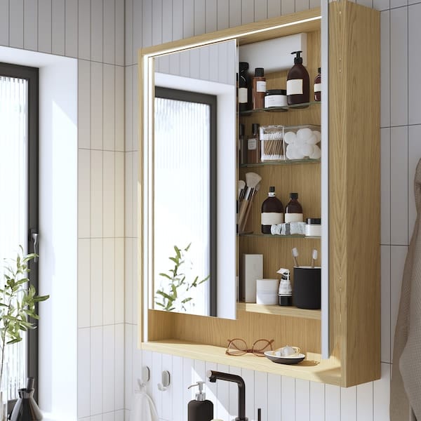 Ikea FAXÄLVEN - Mirror cabinet w built-in lighting, oak effect, 80x15x95 cm