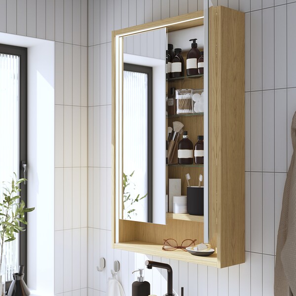 FAXÄLVEN - Mirror cabinet w built-in lighting, oak effect, 60x15x95 cm with wireless