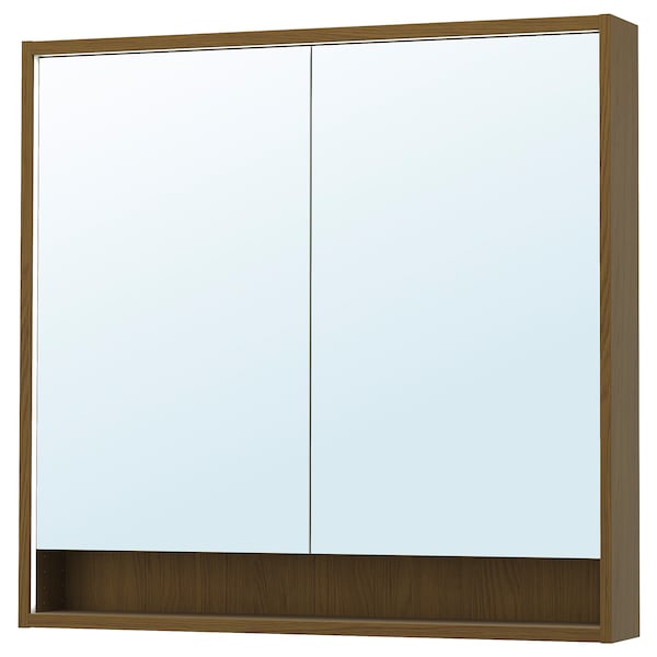 FAXÄLVEN - Mirror cabinet/integrated lighting, brown oak effect, 100x15x95 cm