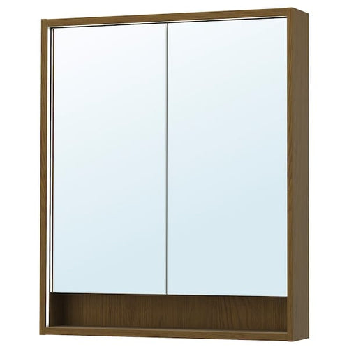 FAXÄLVEN mirror cabinet w built-in lighting, brown oak effect, 80x15x95 cm