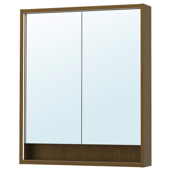 FAXÄLVEN mirror cabinet w built-in lighting, brown oak effect, 80x15x95 cm