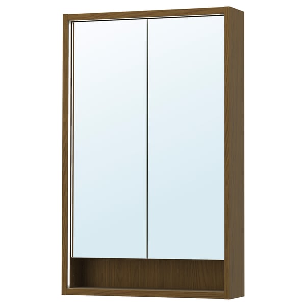 FAXÄLVEN - Mirror cabinet w built-in lighting, brown oak effect, 60x15x95 cm