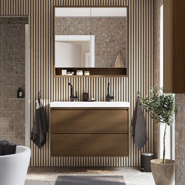 FAXÄLVEN - Mirror cabinet/integrated lighting, brown oak effect,100x15x95 cm