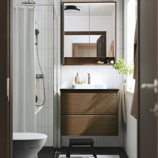 FAXÄLVEN - Mirror cabinet w built-in lighting, brown oak effect, 80x15x95 cm