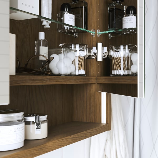 FAXÄLVEN mirror cabinet w built-in lighting, brown oak effect, 80x15x95 cm