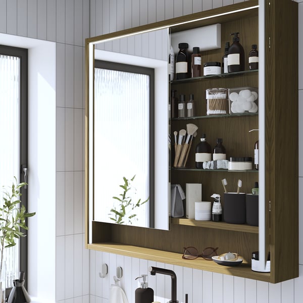 FAXÄLVEN - Mirror cabinet/integrated lighting, brown oak effect,100x15x95 cm