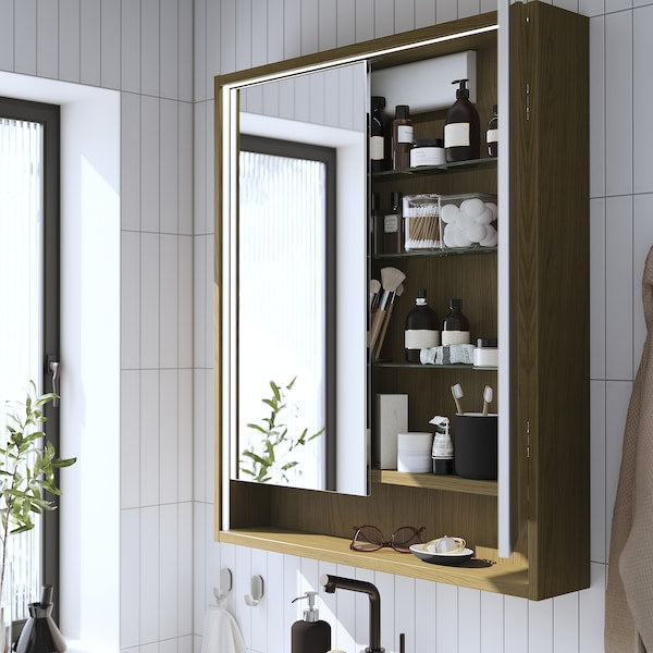 FAXÄLVEN - Mirror cabinet w built-in lighting, brown oak effect, 80x15x95 cm