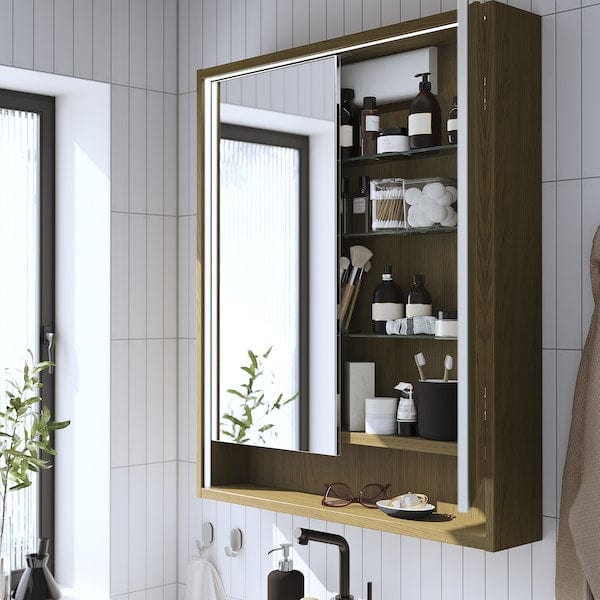 Ikea FAXÄLVEN - Mirror cabinet w built-in lighting, brown oak effect, 80x15x95 cm